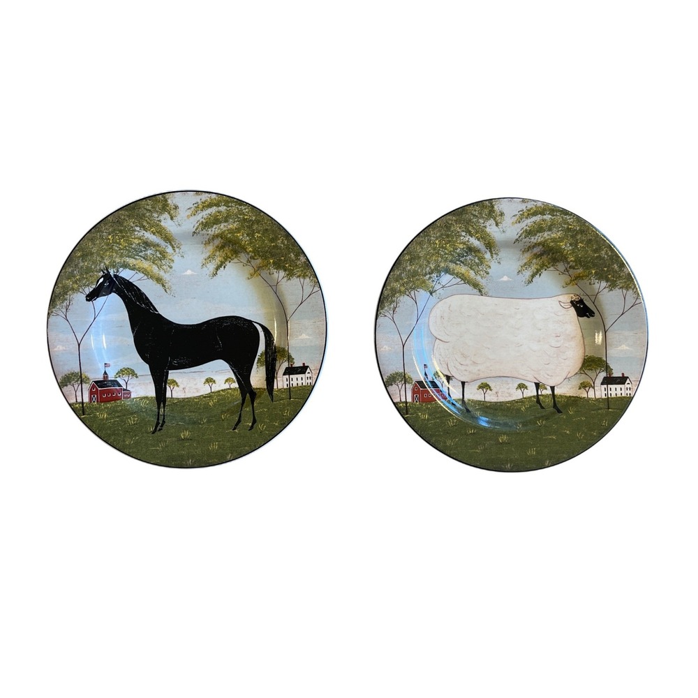 Warren Kimble Sakura Animal‎ Collection Salad Plates Set 2 Horse Sheep Folk Art